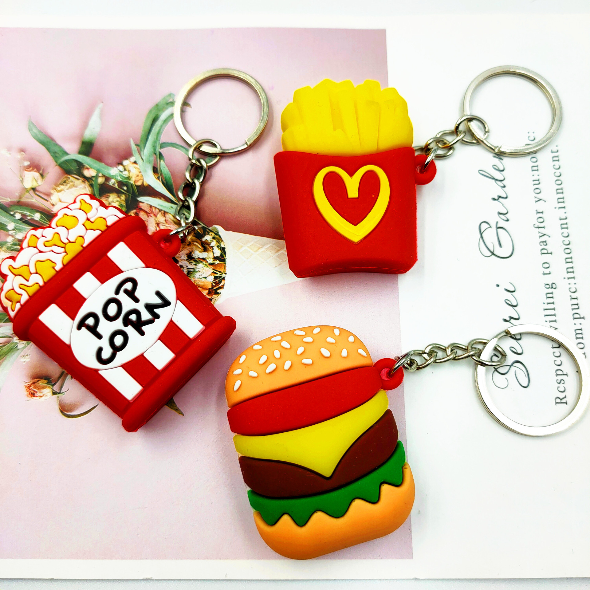 Simulación hamburguesa papas fritas palomitas PVC de goma suave llavero colgante bolsa promoción alimentos creativo pequeño regalo