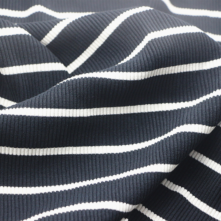 针织纬编圆机服装螺纹罗纹面料色织彩条精梳棉氨纶弹力4x2罗纹布