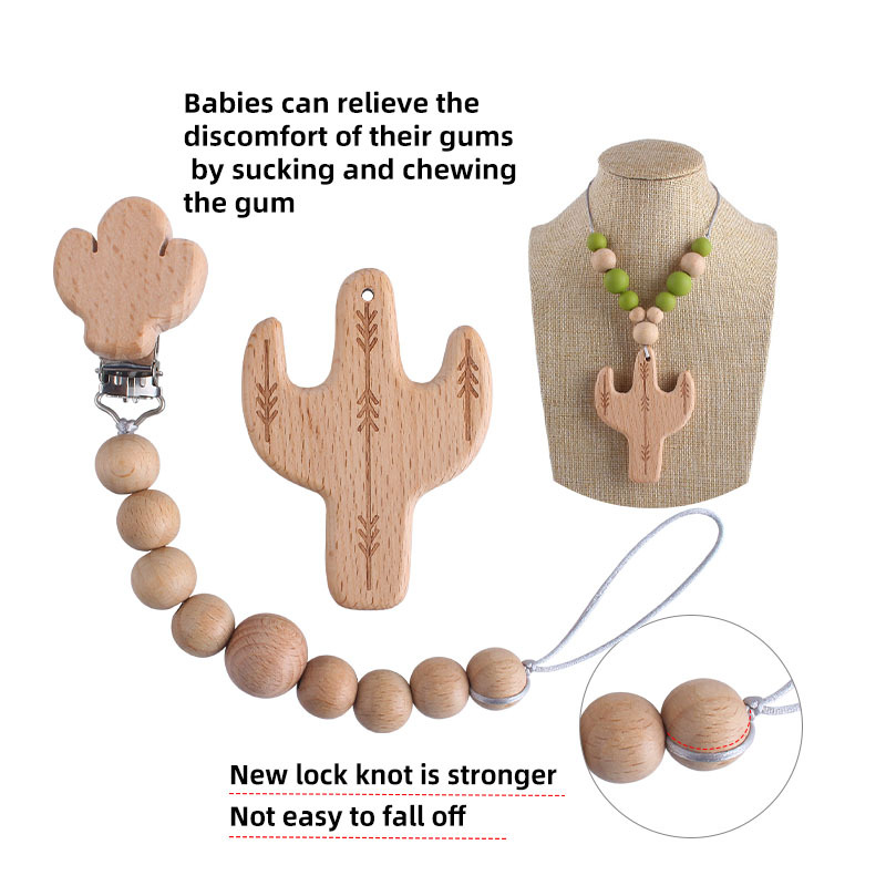 Nuevo clip de chupete de haya Cactus Beech collar juguete mordedor bebé molar mordedor chupete cadena anti-caída de la cadena