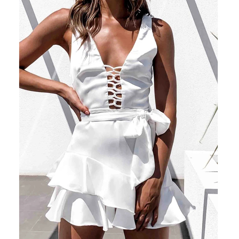 V-neck belt ruffled white jumpsuit  NSYI10494