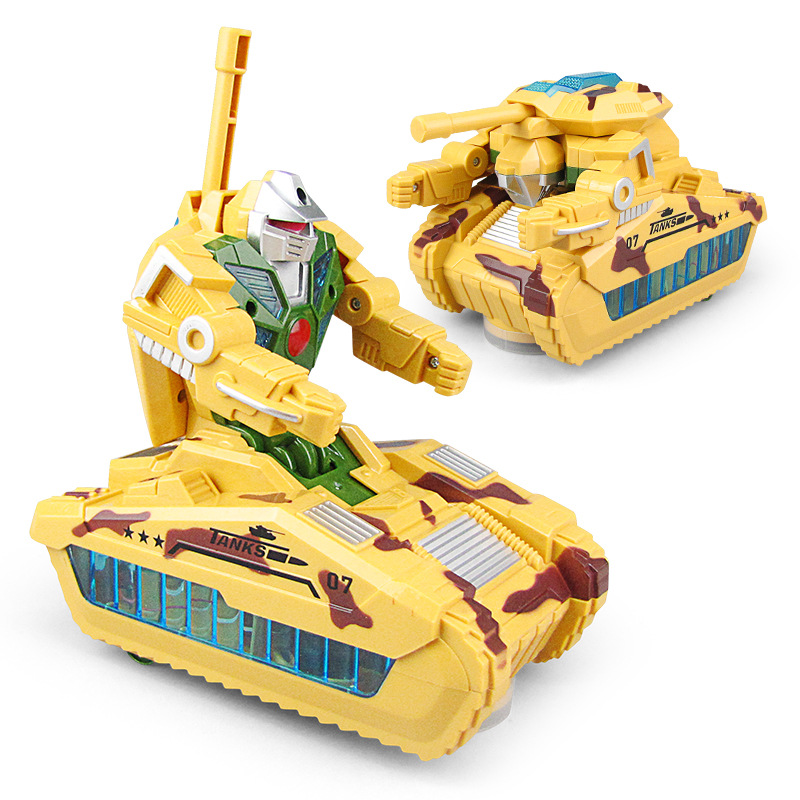 Deformación eléctrica tanque de rotación universal de música ligera robot de juguete eléctrico serie militar modelo de juguete
