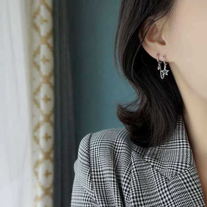 925 plata esterlina doble oreja piercing de una pieza personalizada oreja hebilla anillo coreano simple estrella pendientes femeninos