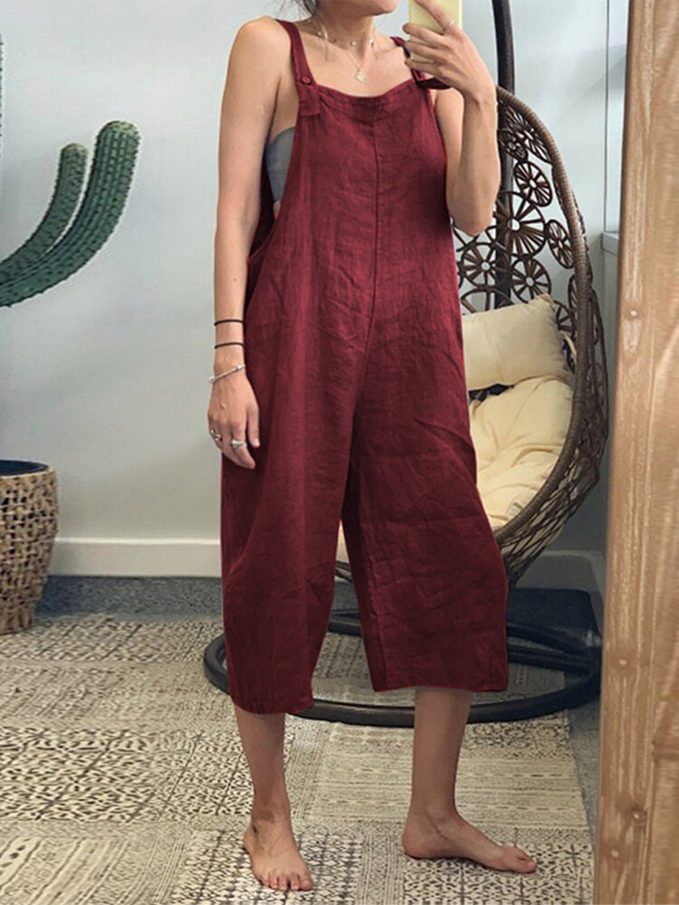 220g Weight Sleeveless Sleeve Length Calf-Length Pants Length Cotton Fabric Type Mid Waist Waist Line Casual Pants, Overalls Pants Type Street Occasion Loose Version Solid Color Pattern Summer, Spring Season Women'S Gender Casual Style Women'S Street Casual Solid Color Calf-Length Casual Pants Overalls