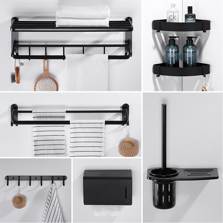 Manufactor Direct selling black full set Shower Room hardware Pendant Space aluminum thickening Aluminum material Punch holes Towel rack Shelf