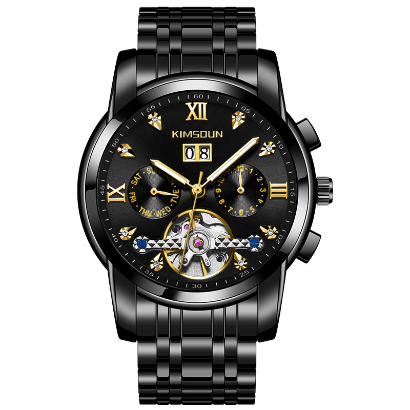 Kimsdun hombres correa de acero reloj mecánico automático calendario hueco volante impermeable reloj de pulsera mecánico K-1895A
