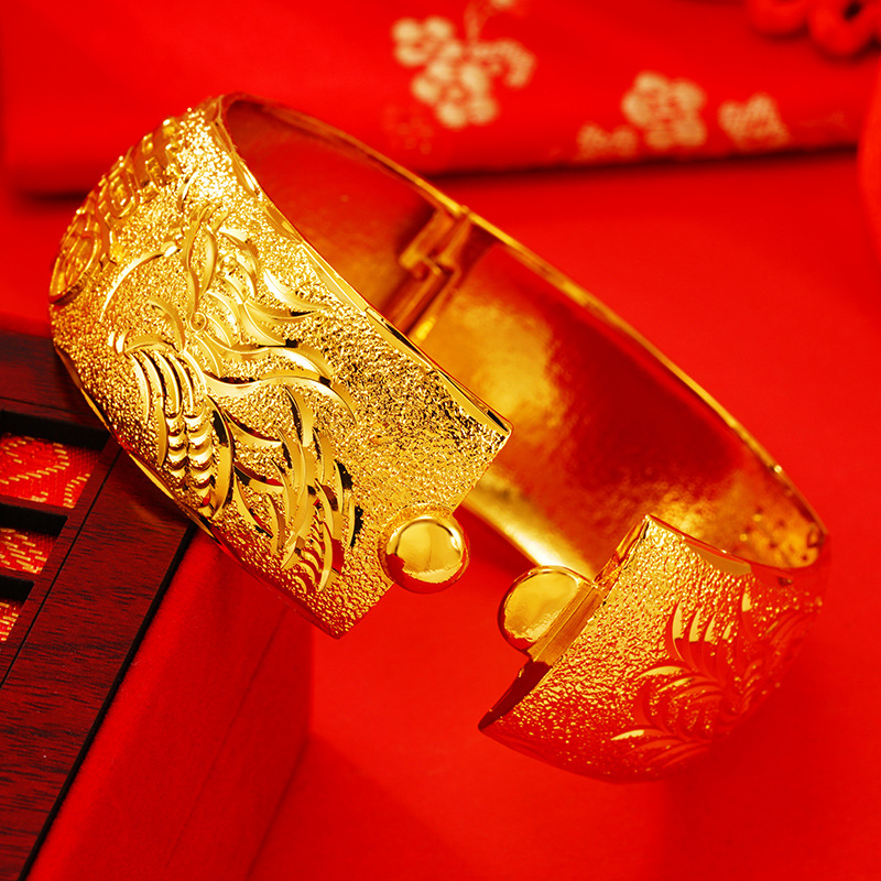 Elegante Boda nupcial imitación oro dragón y Fénix pulsera mujer cobre chapado 24K oro ventana oro boda pulsera festiva joyería