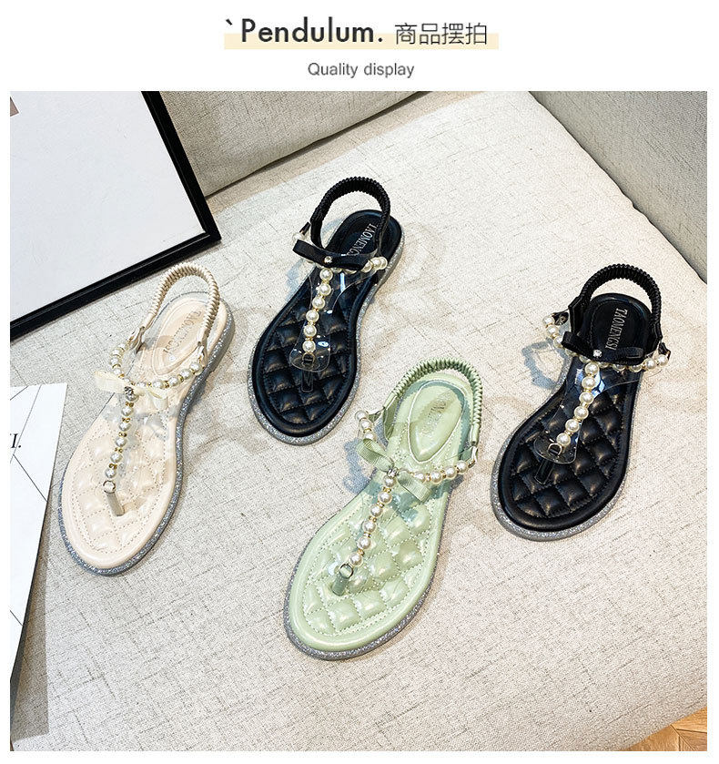 Dép sandal nữ quai ngang đính ngọc trai và đá lấp lánh, đế bệt mũi tròn — Màu mơ, Màu đen chi tiết 17
