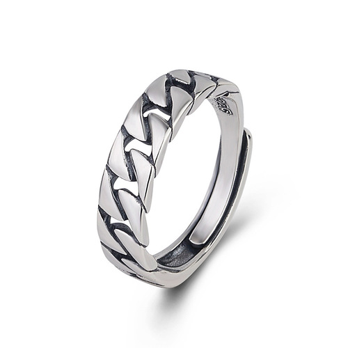 Korean version S925 sterling silver simple retro silver jewelry chain square bar overlapping cross open ring ring for women wholesale