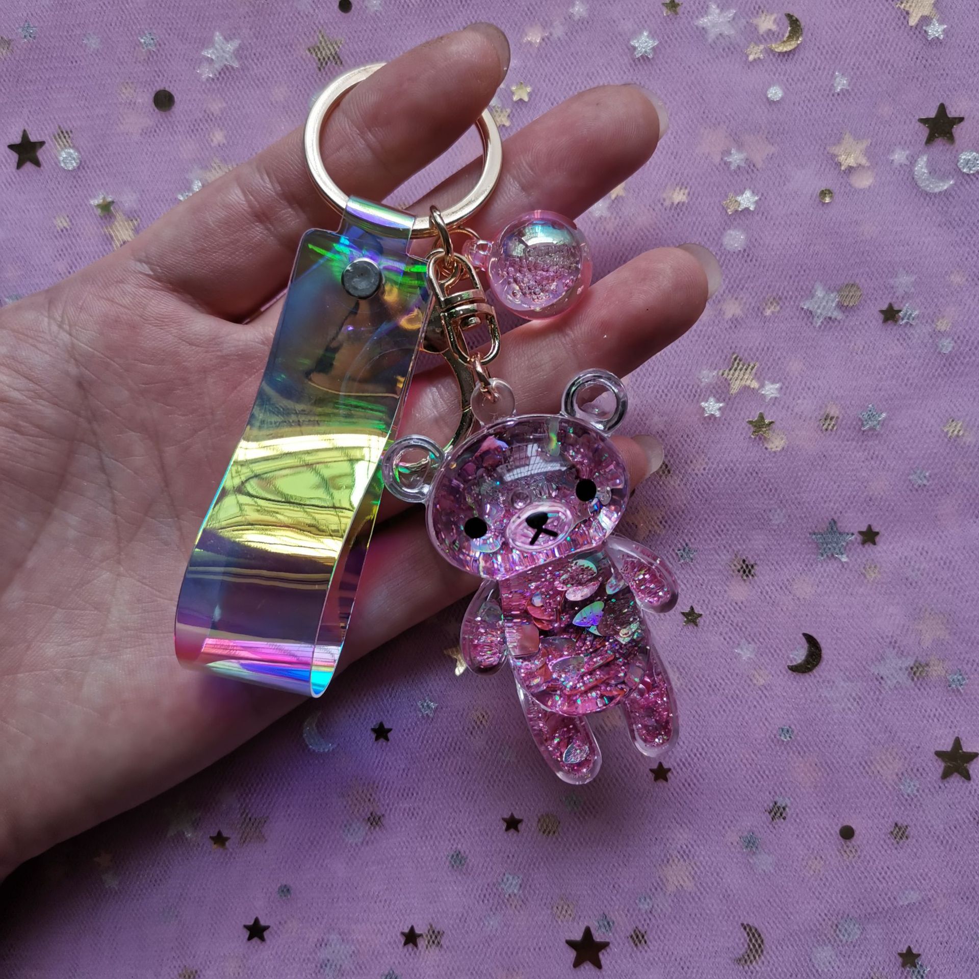 33g Weight Arylic Material Plating Design Light Blue, Pink, Purple, Green, Gold Color Korean Quicksand Acrylic Oiling Bear Keychain Wholesale Nihaojewelry 8