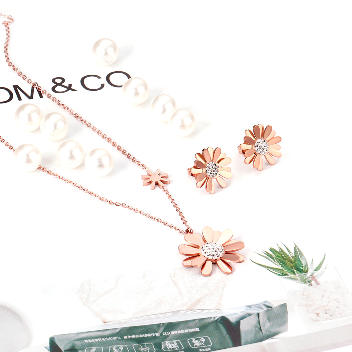 Simple Style Flower Stainless Steel Inlay Zircon Earrings Necklace 1 Set