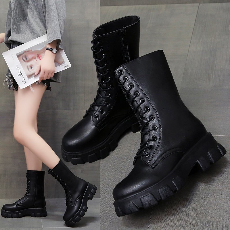 High barrel lace-up Martin boots women 2022 new autumn leather lace-up thick soled high boots women thick soled motorcycle boots women