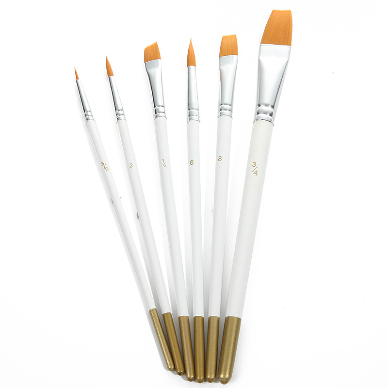 6支白杆木质尼龙毛画笔 水粉水彩笔 绘图勾线画刷美术油画笔套装