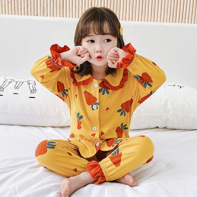 儿童秋季睡衣纯棉女童花边印花家居服套装小女孩童装kids一件代发|ru