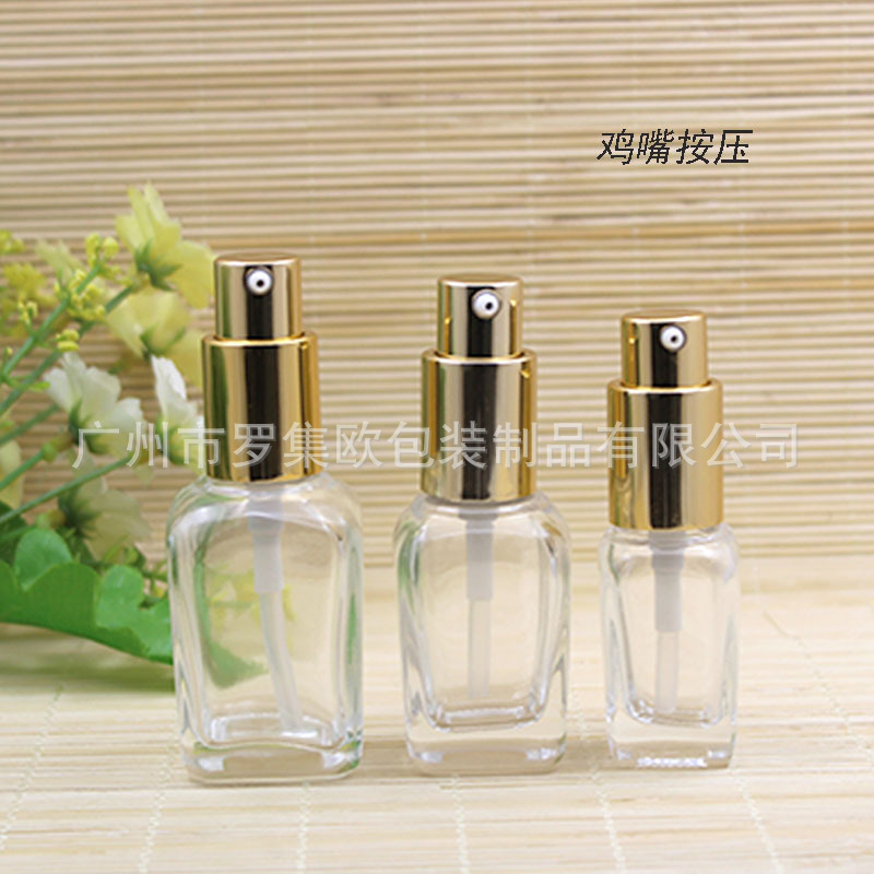 透明方形精油瓶精华液原液玻璃瓶子分装亮金鸡嘴按压10ml20ml30ml