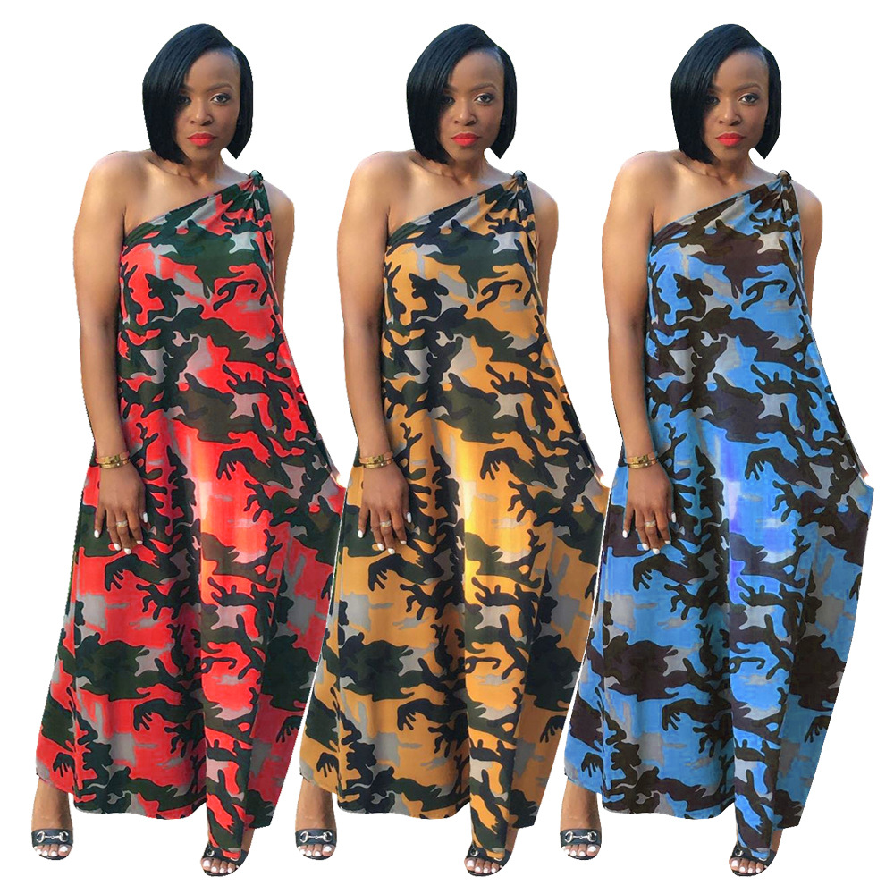 JH 163 亚马逊跨境外贸新款时尚性感宽松迷彩印花特色单肩连衣裙