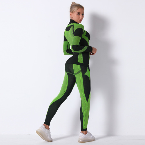 European and American seamless knitted striped sports yoga long-sleeved two-piece outdoor sports yoga set!
