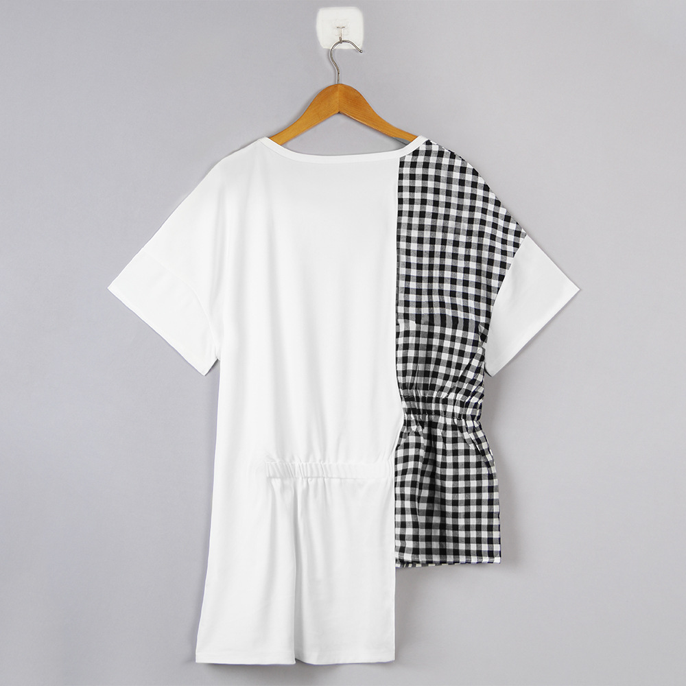 plus size casual round neck plaid stitching irregular hem long short-sleeved T-shirt NSJR59637