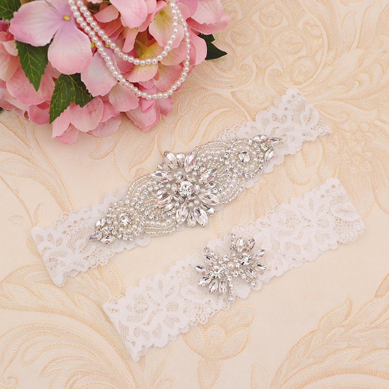 Amazon Hot Sale Rhinestone Thigh Ring 1 Set European and American Bride Wedding Diamond Pearl Stretch Lace Garter Belt