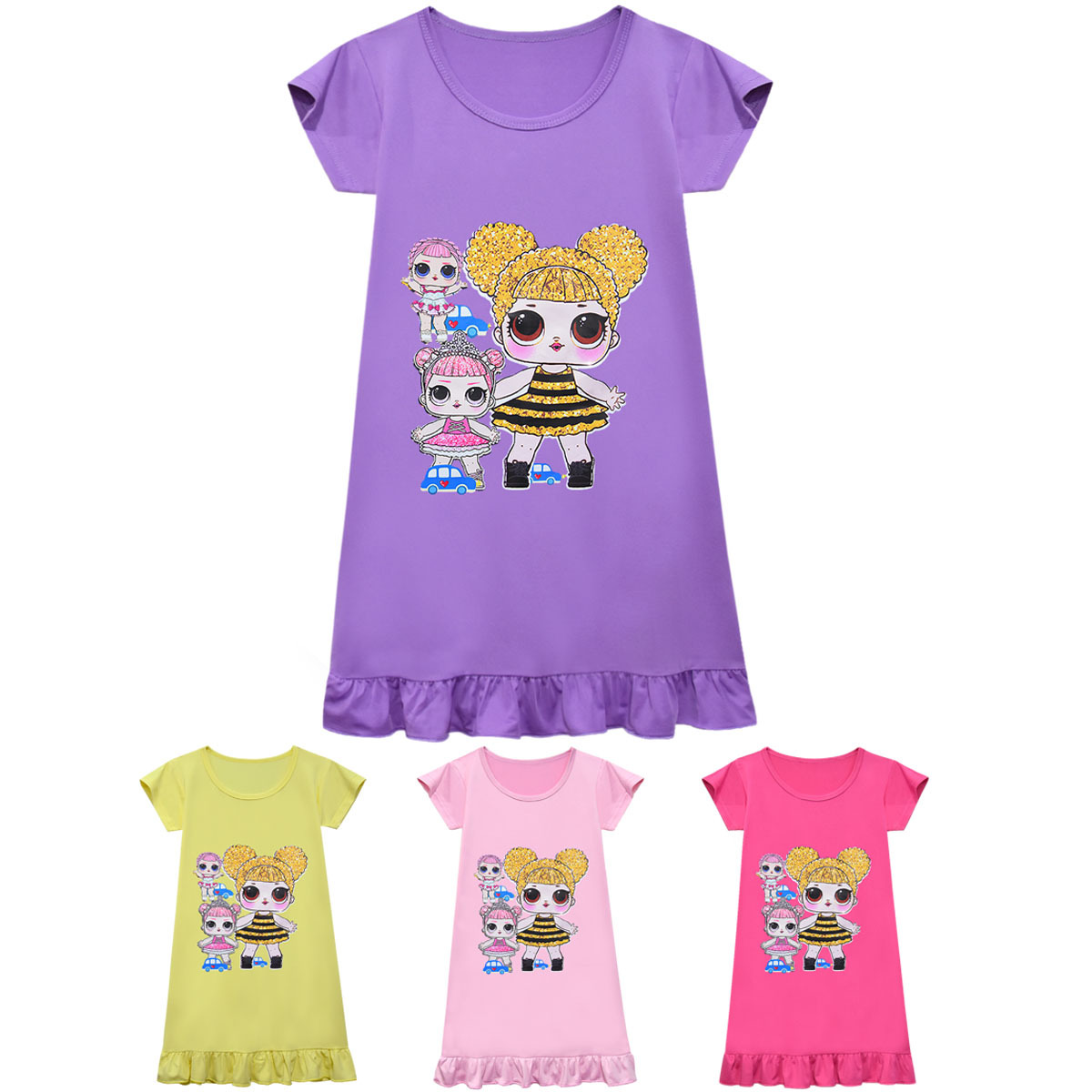 Children's short-sleeved dress doll cartoon girls long nightwear flounced skirt AliExpress supply Q8001
