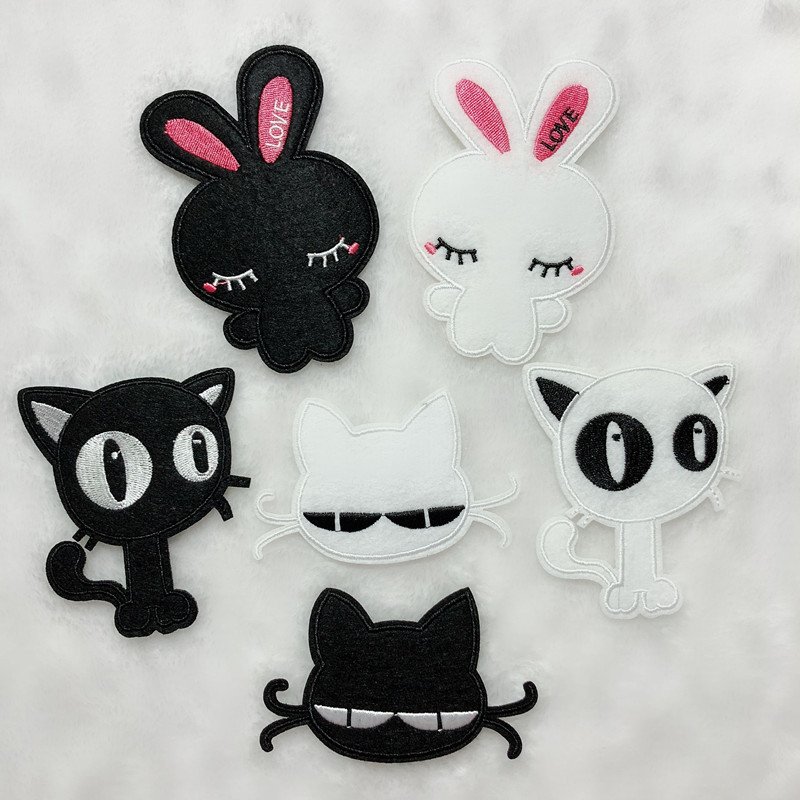 可爱卡通动物猫布贴 黑白兔子衣服补丁贴批发 电脑刺绣厂家直销