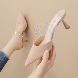 Fashion pointed shallow high heeled shoes rivet stiletto sandals transparent sandals