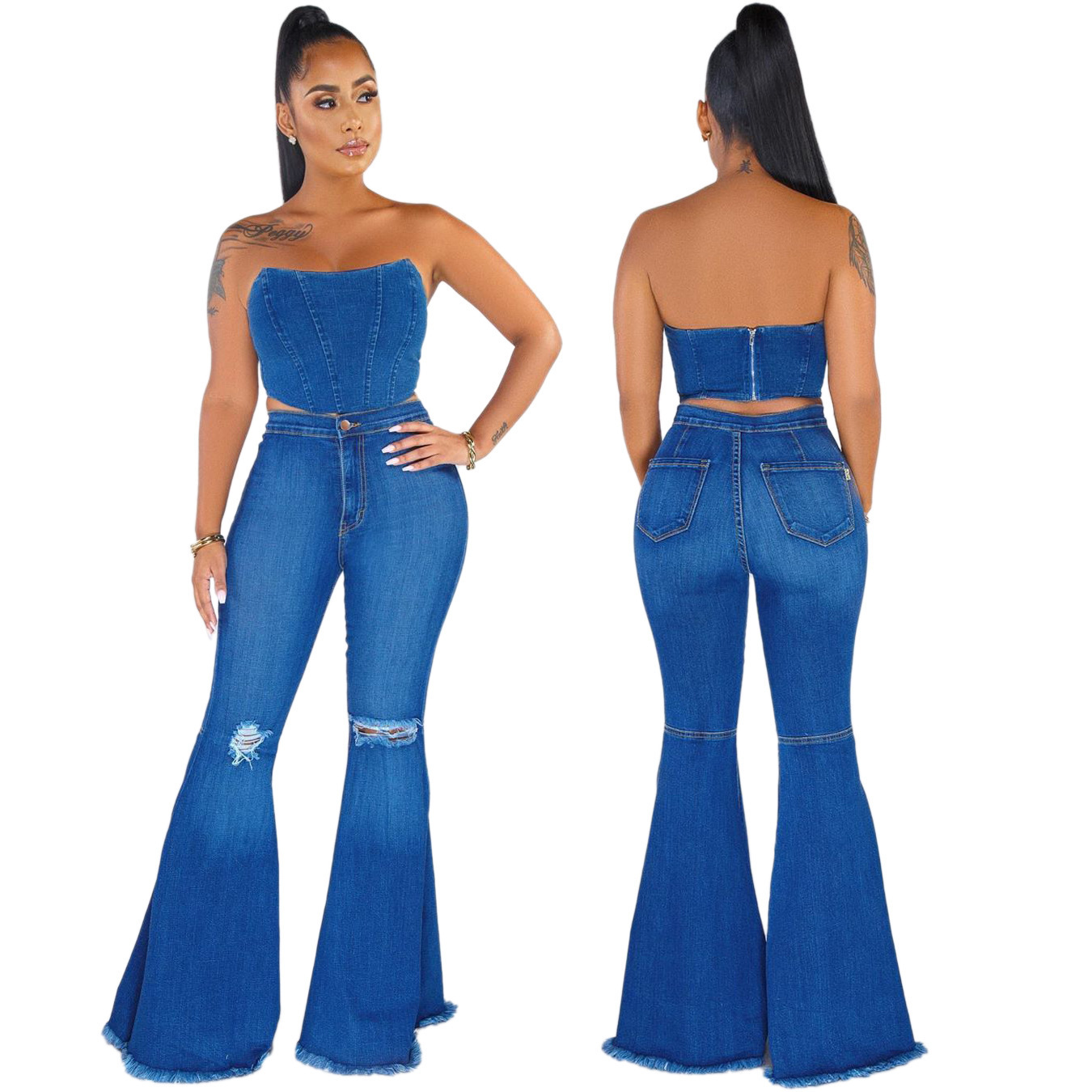 Wild Wide-Legged Knee-Hole Denim Flared Pants NSSF64048