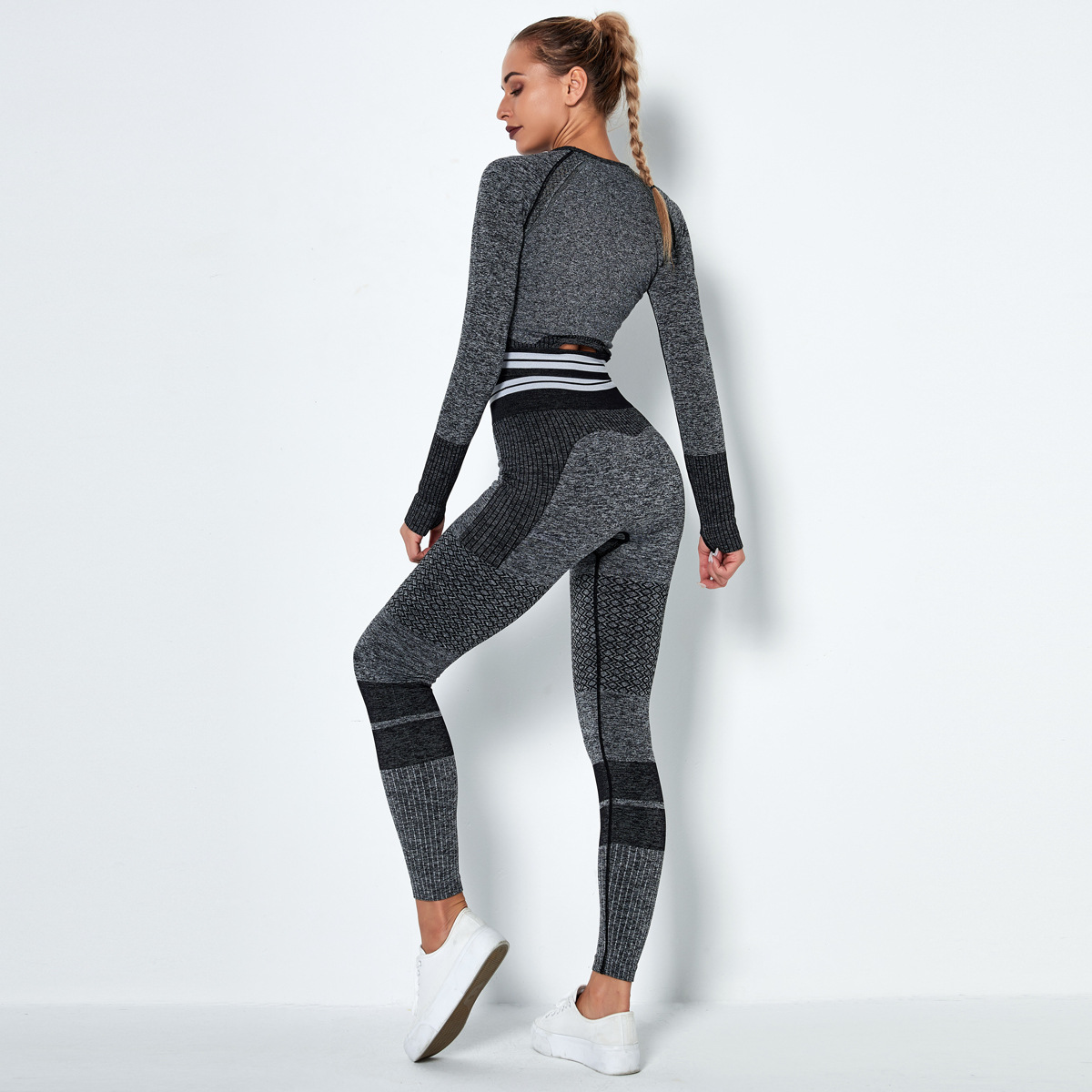 seamless knitted quick-drying hip-fitting tight stretch striped fitness four-piece suit  NSLX8988