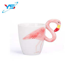 外贸出口流行热带手绘3D动物马克杯火烈鸟陶瓷杯咖啡卡通杯杯子