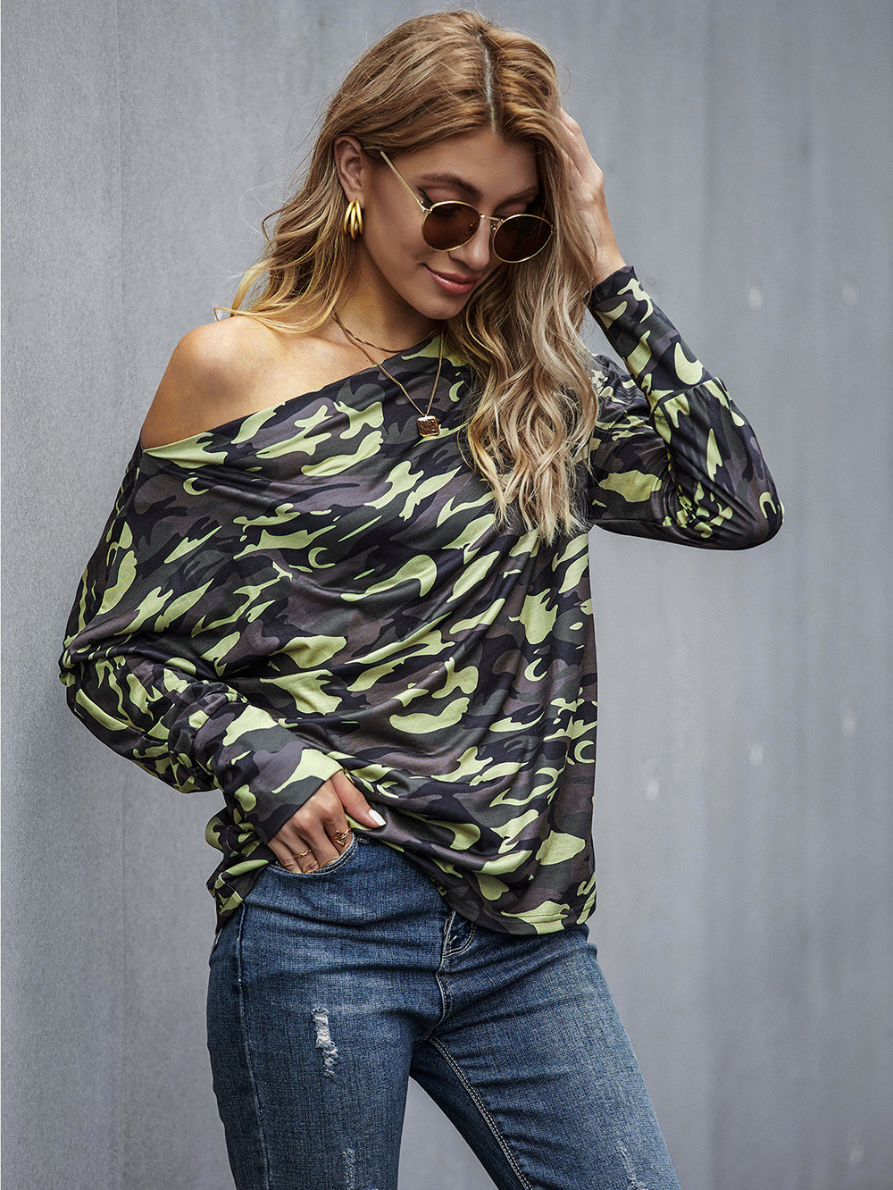  autumn and winter women s strapless camouflage knitted loose bottoming long-sleeved T-shirt  NSDF5180