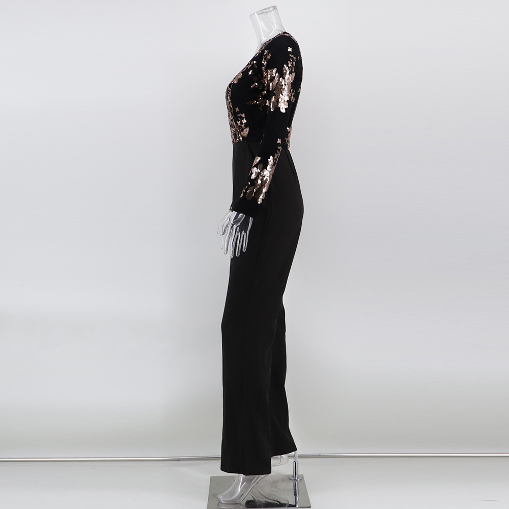 Sexy Retro Long Sleeve Sequin Stitching Jumpsuit   New Popular  Women  Clothing in Jumpsuits