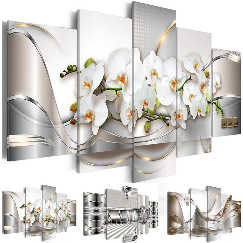 卓宇拼接五联三色银色花卉抽象画 喷绘画 创意沙发背景墙装饰挂画