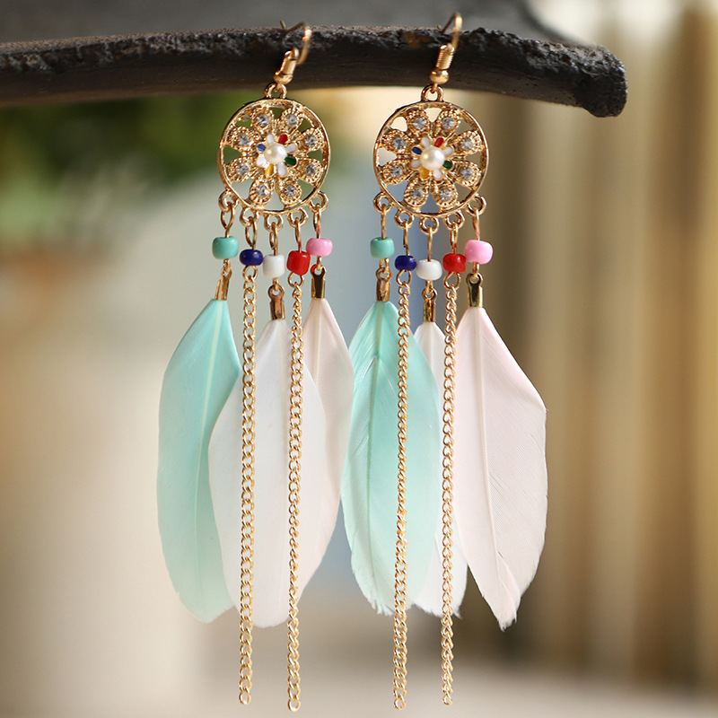 Fashion Hollow Feather Tassel Long Bohemian Pearl Earrings display picture 6