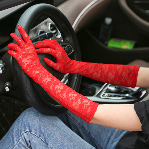 Wholesale women's summer sun protection gloves lace gloves anti-UV driving long thin five-finger gloves on behalf of