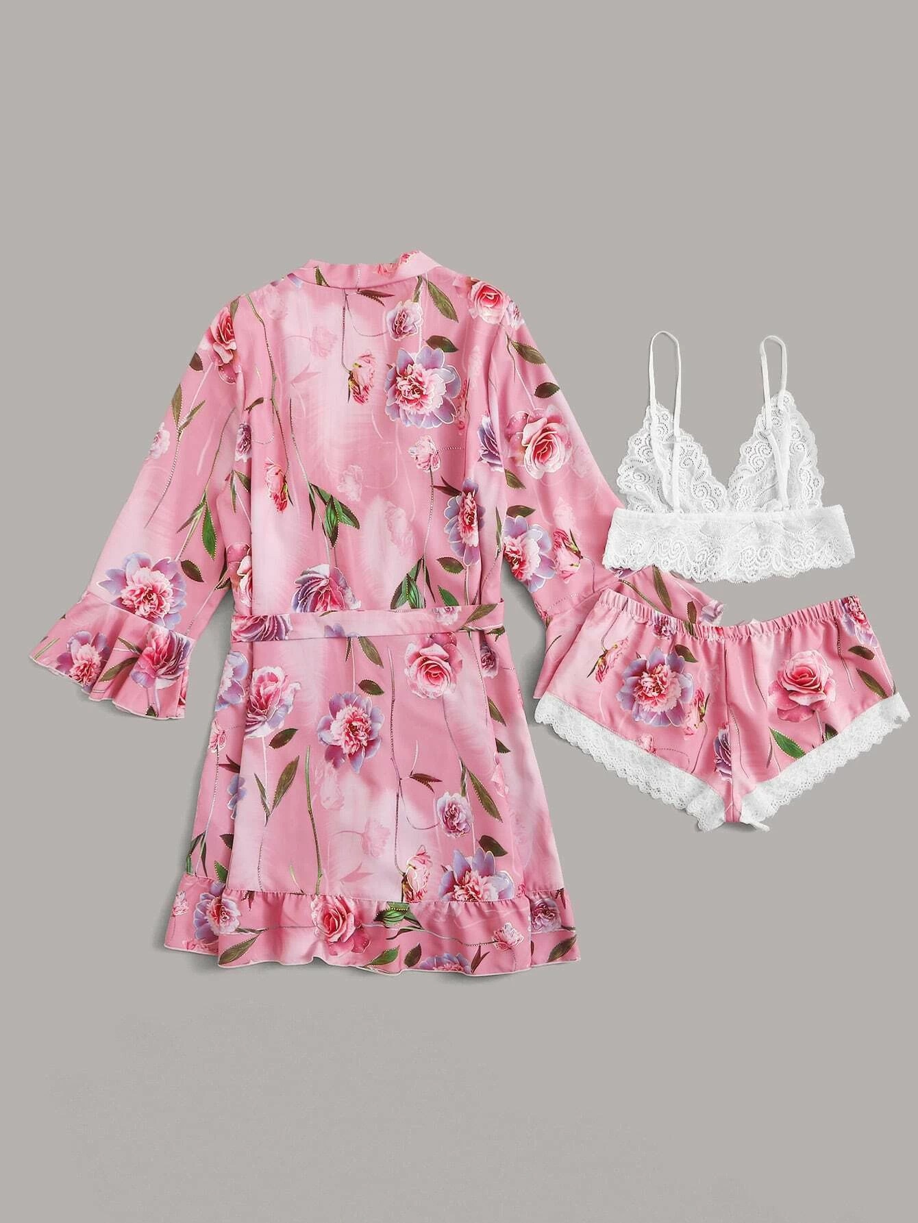 跨境熱銷歐美性感夏季睡衣三件套彈力色丁性感誘惑女夏蕾絲透明91