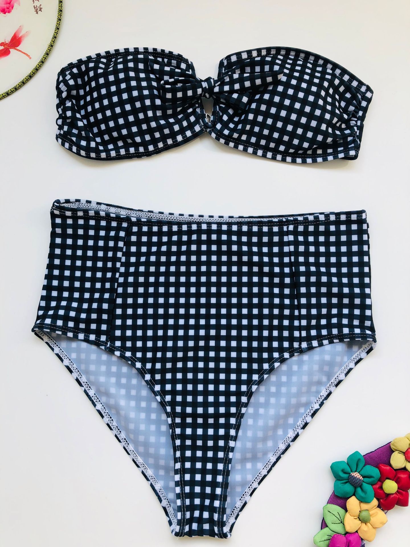 red plaid lace-up tube top bikini V-neck lace-up high waist split swimsuit NSHL3283