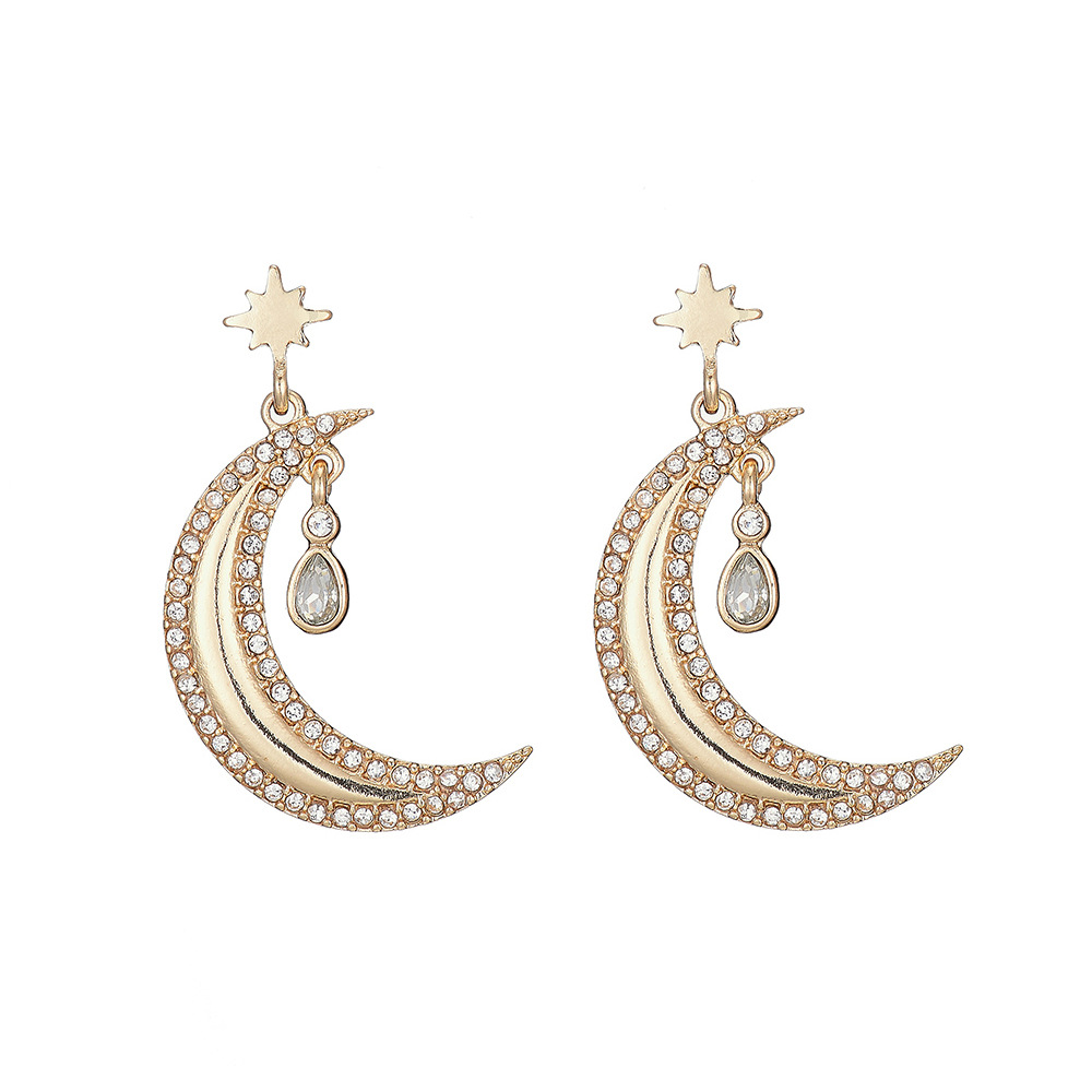 New Diamond Eight-pointed Star Moon Earrings display picture 8