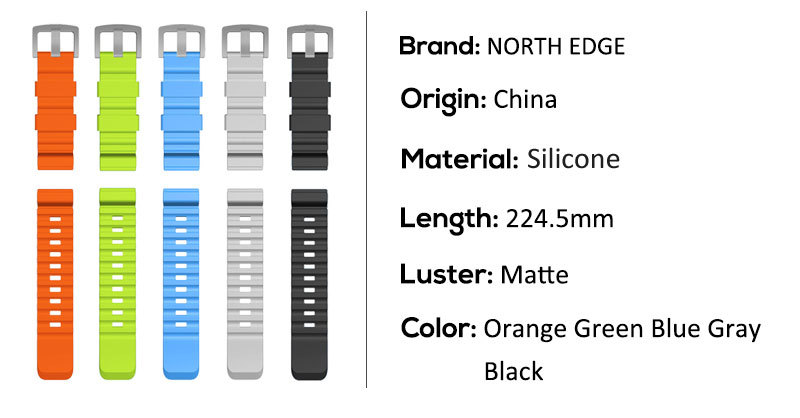 柔软彩色硅胶橡胶表带钢表扣NORTH EDGE户外24mm快拆运动手表表带详情7