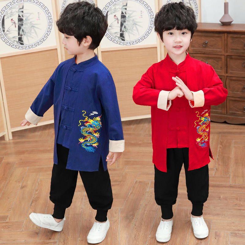 kids chinese  dragon pattern Hanfu boys  chinese tang suit baby  ancient performance shirt pants long sleeve children's Cotton line shirt trousers set