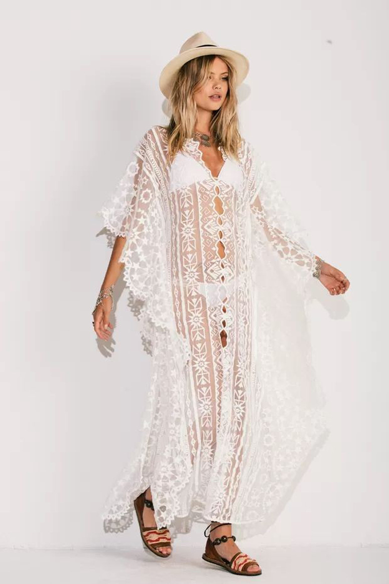 embroidered loose mid-sleeve hollow solid color beach outdoor cover-up NSMUX132512