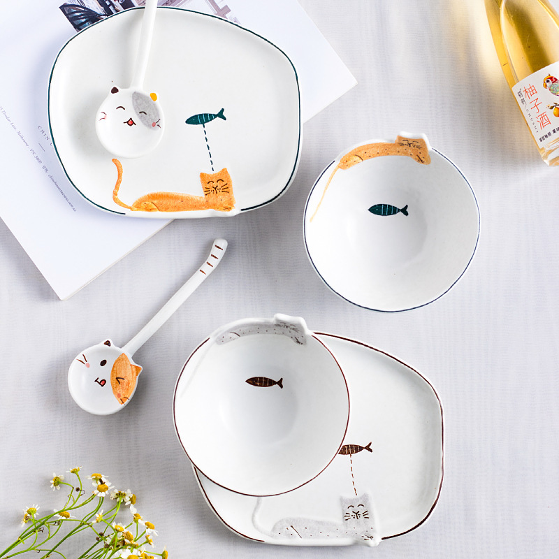 Creative Cat Ceramic Dishes Jingdezhen Handmade Stoneware Tableware Couple's Dishes and Spoon Set Dessert Dishes Breakfast Bowl