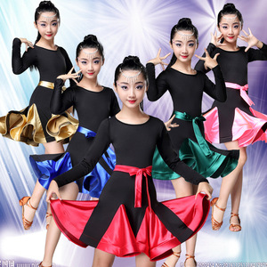 Children  black pink blue Latin dresses long sleeve dance skirts class training competition grading latin dance performance clothes