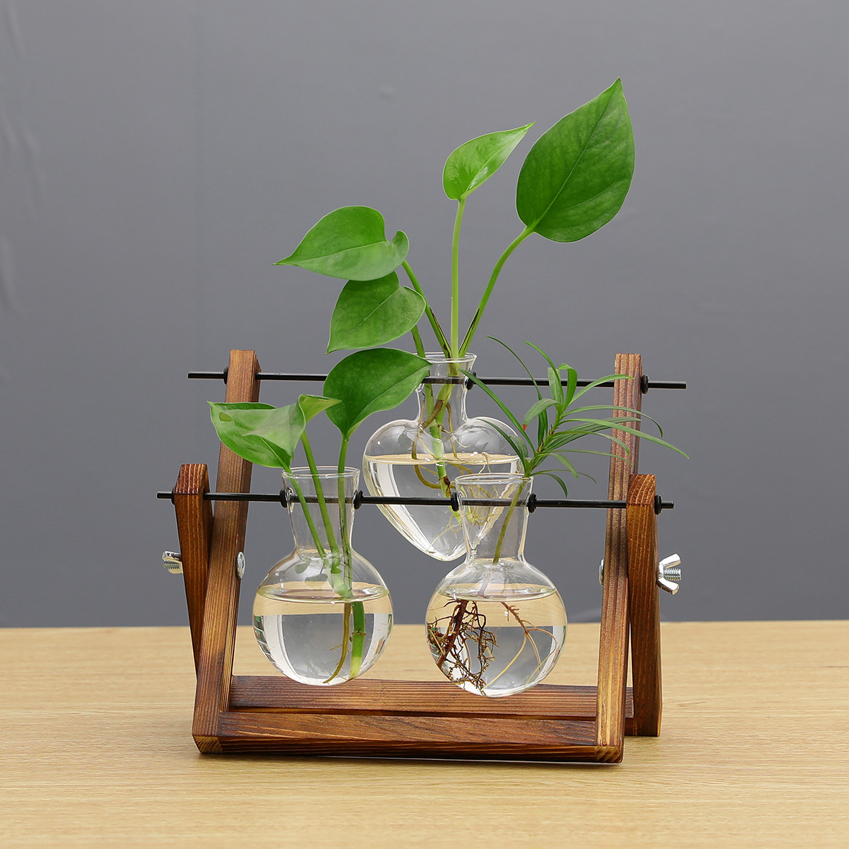 创意木架小清新绿萝水培植物玻璃瓶透明玻璃花瓶创意简约水养容器