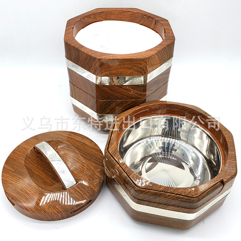 Stainless steel Japanese octagonal multi-layer bento box, wood-grain hand-held picnic lunch box, multi-purpose food grid gift lunch box detail image 5