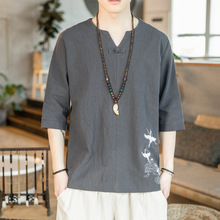 20夏季新款日系棉麻短袖T恤 中國風復古大碼刺綉盤扣寬松亞麻t恤