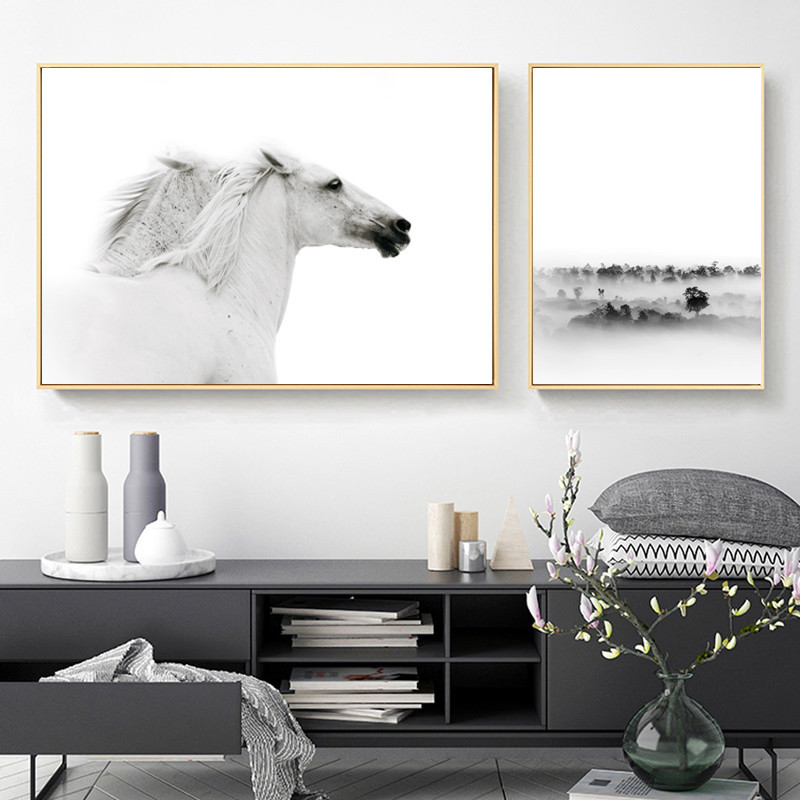北欧现代简约白马森林黑白抽象动物客厅装饰画图片画芯