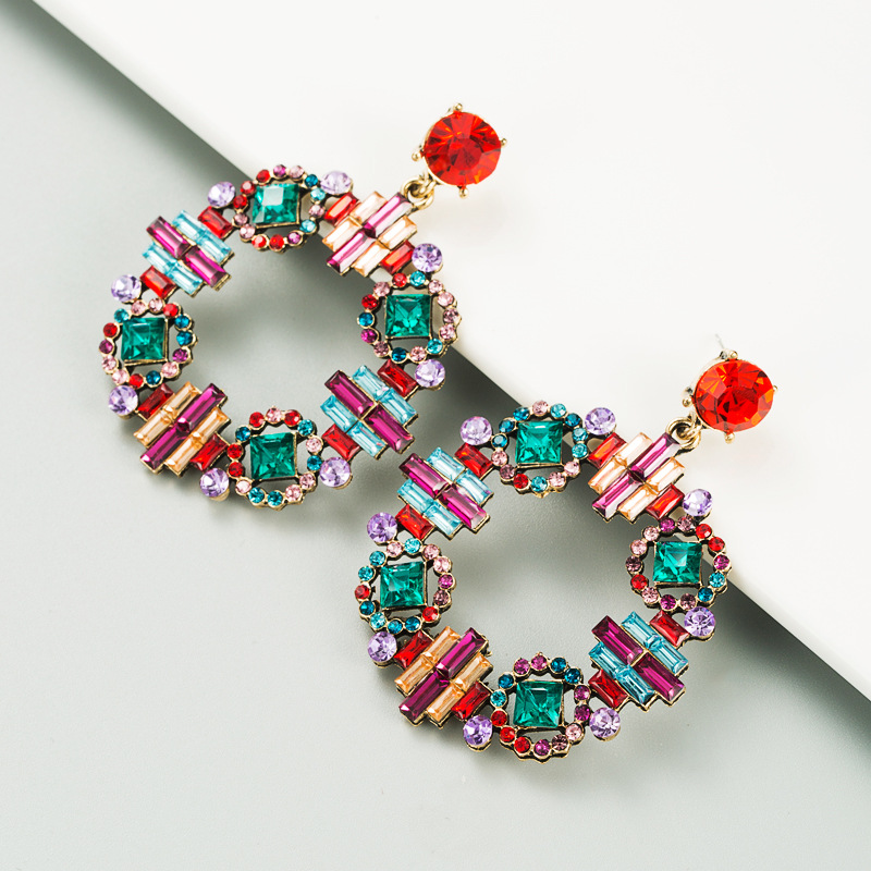 Cross-border New Arrival Creative Round Women's Earrings Alloy Inlaid Color Rhinestone European And American Retro Chinese Style Special-interest Earrings display picture 7