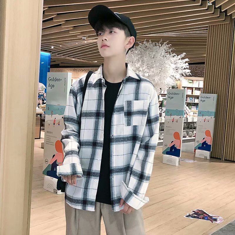 2020 camisa a cuadros de manga larga de estilo coreano de los hombres slim fit juventud moda guapo camisa pareja casual Camisa delgada