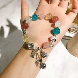 多宝天河石招财猫吊坠草莓晶手链发晶雪花幽灵手串925银女饰品