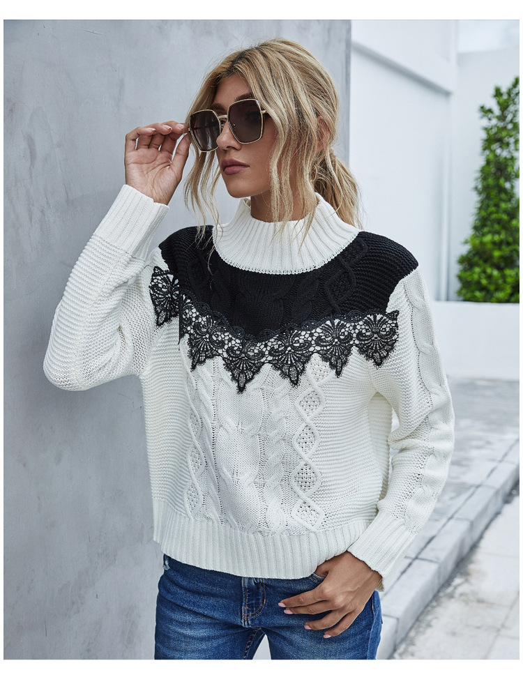 Casual Loose Half Turtleneck Sweater Contrast Lace Stitching Ladies Long Sleeve Knit NSYH7130