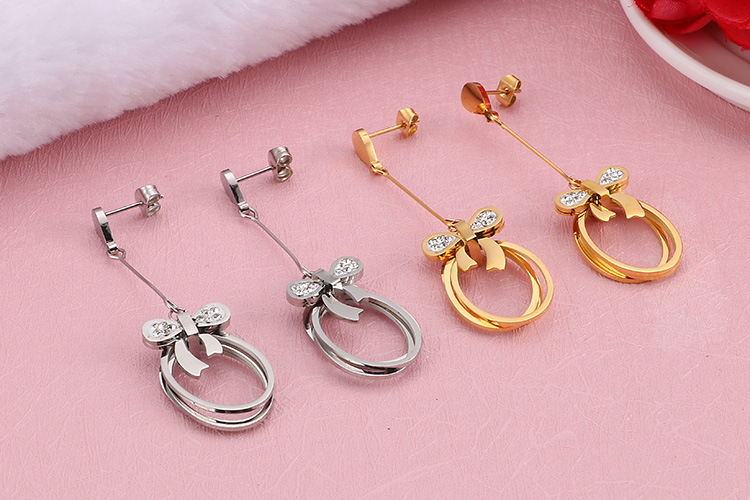 Japanese and Korean New Fresh Fashion Titanium Steel Bow Geometric Hollow Necklace Earrings Womenu00